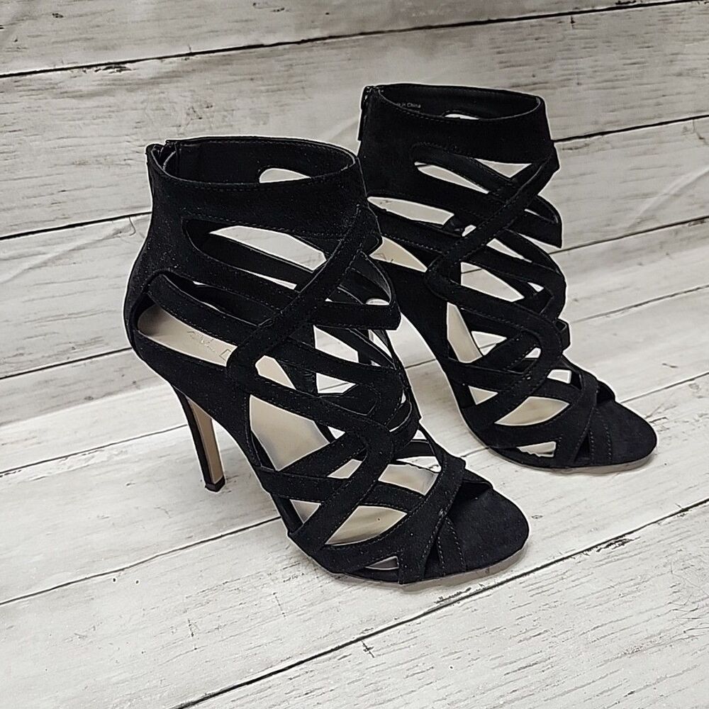 ALDO Black Strappy Sandal Faux Suede Stiletto High Heel Shoes Womens Size 7.5 - Picture 2 of 11